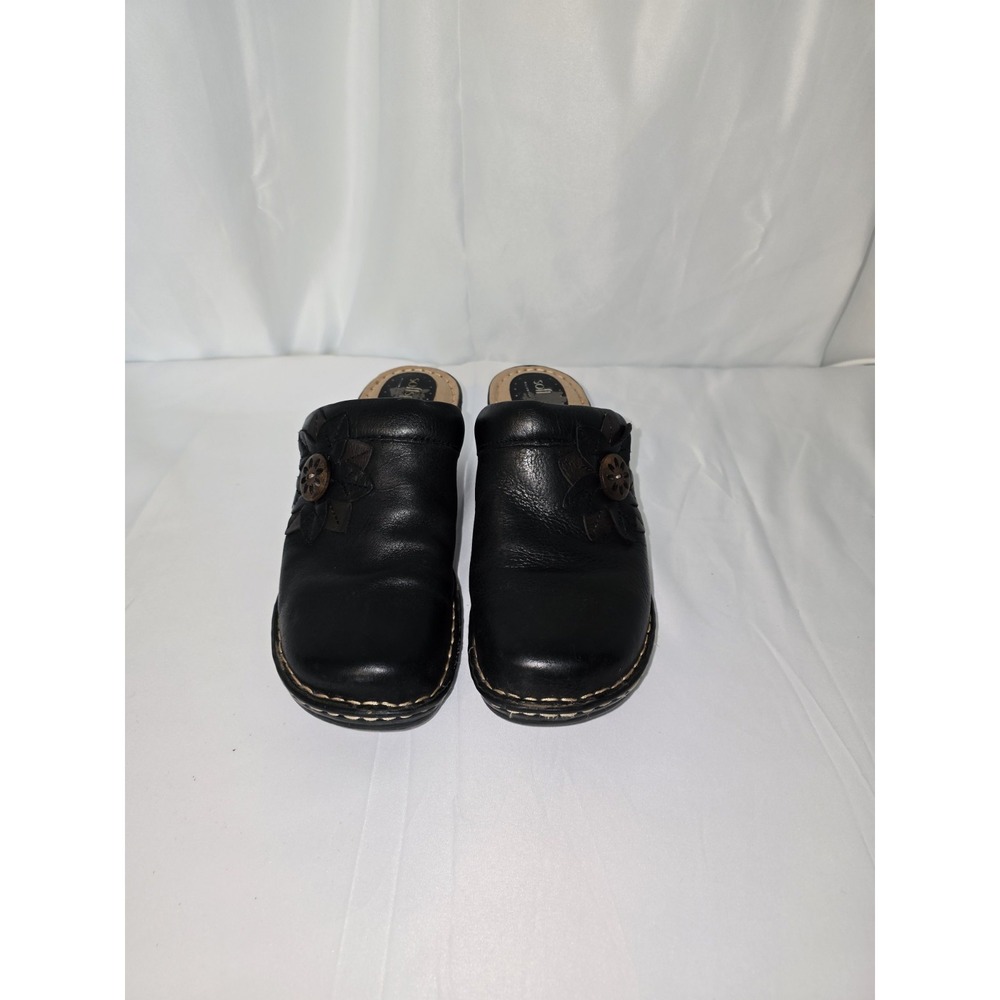 SOFTSPOTS LARA Black Leather Wedge Heel Slip On Clog Mule Shoes Flower Accent 9W